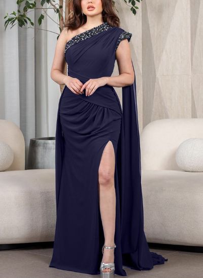 Sheath/Column One-Shoulder Chiffon Evening Dresses With Sweeping Side Drape