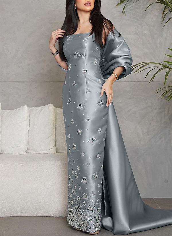 Sheath/Column Sleeveless Sweep Train Satin Evening Dresses With Rhinestone