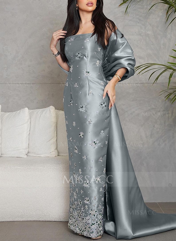 Sheath/Column Sleeveless Sweep Train Satin Evening Dresses With Rhinestone