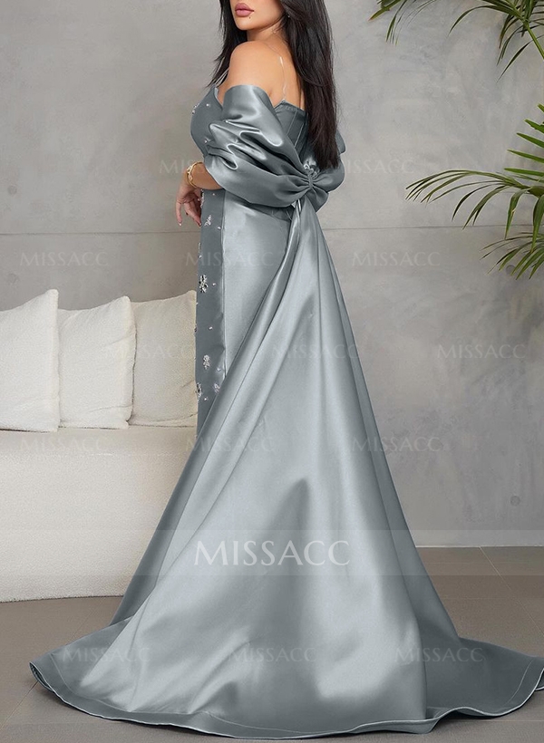 Sheath/Column Sleeveless Sweep Train Satin Evening Dresses With Rhinestone