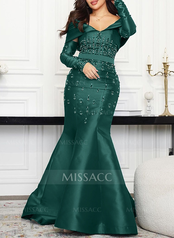 Trumpet/Mermaid Off-The-Shoulder Detachable Sleeves Satin Evening Dresses With Rhinestone