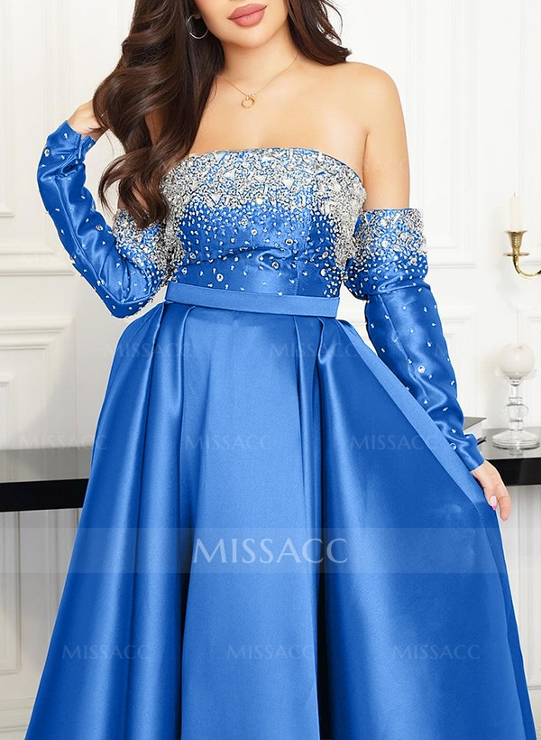 A-Line Strapless Detachable Sleeves Asymmetrical Satin Evening Dresses With Rhinestone