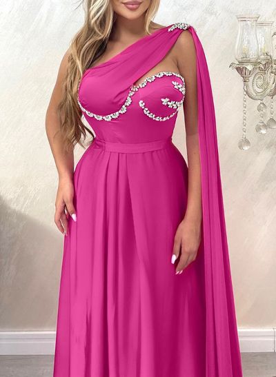 A-Line One-Shoulder Sleeveless Floor-Length Silk Like Satin Evening Dresses With Rhinestone