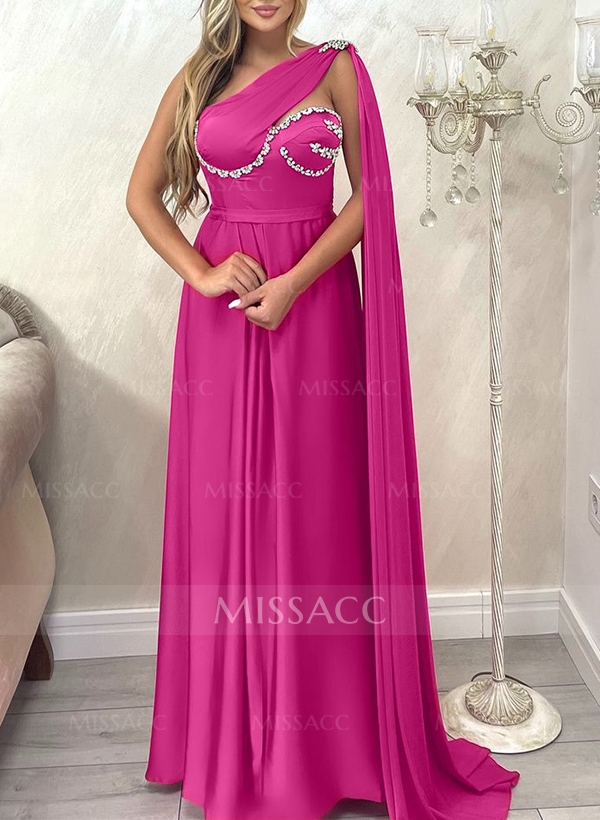 A-Line One-Shoulder Sleeveless Floor-Length Silk Like Satin Evening Dresses With Rhinestone