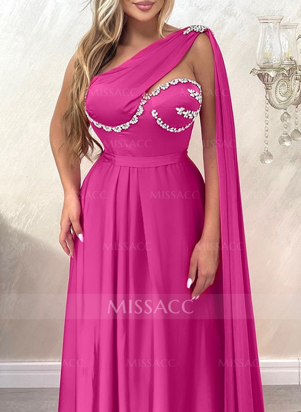 A-Line One-Shoulder Sleeveless Floor-Length Silk Like Satin Evening Dresses With Rhinestone