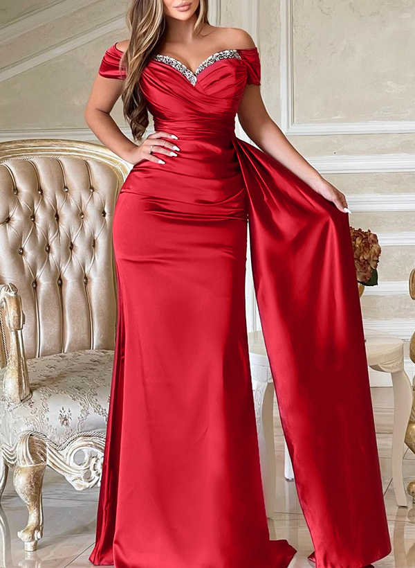 Sheath/Column Off-The-Shoulder Sweep Train Acetate Satin Evening Dresses With Rhinestone