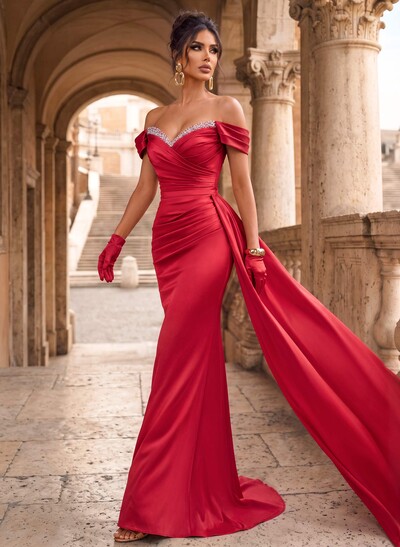 Sheath Off-The-Shoulder Acetate Satin Evening Dress With Rhinestones And Sweep Train