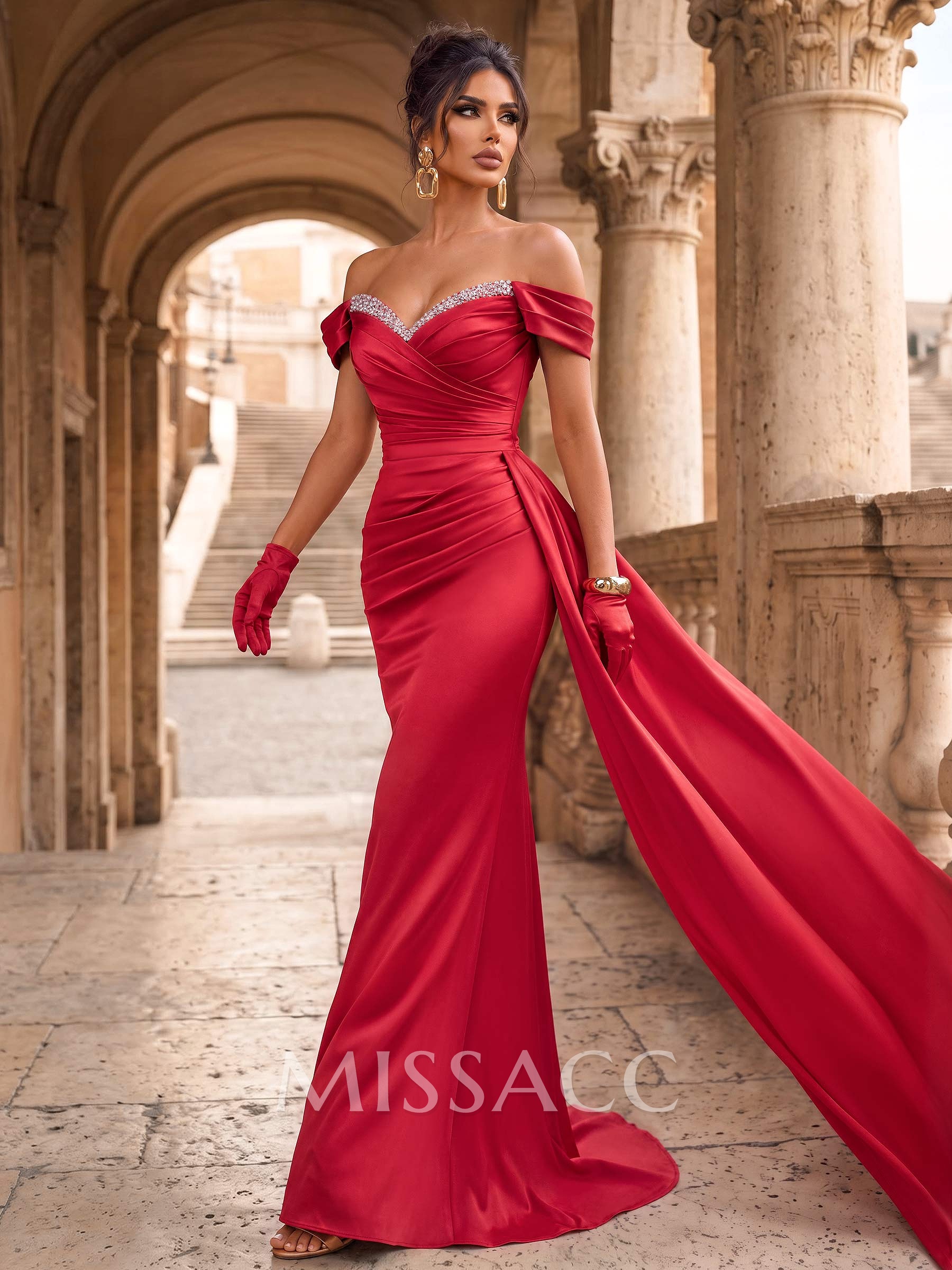 Sheath/Column Off-The-Shoulder Sweep Train Acetate Satin Evening Dresses With Rhinestone
