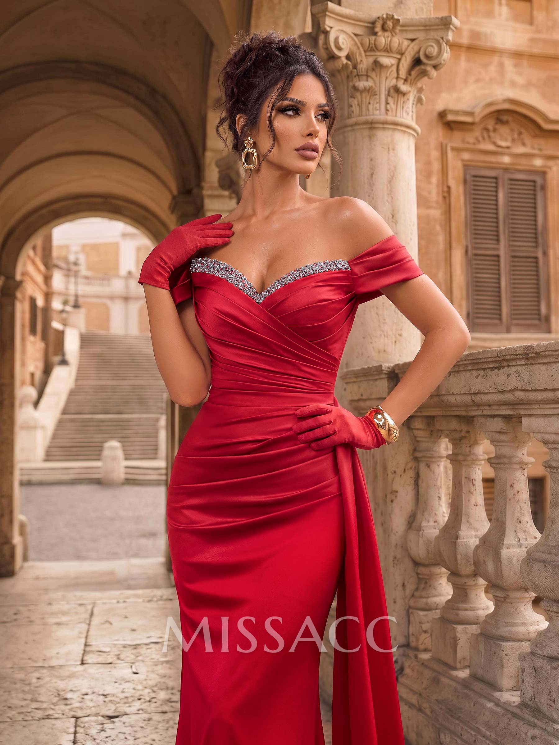 Sheath/Column Off-The-Shoulder Sweep Train Acetate Satin Evening Dresses With Rhinestone