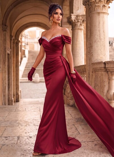 Sheath/Column Off-The-Shoulder Sweep Train Acetate Satin Evening Dresses With Rhinestone