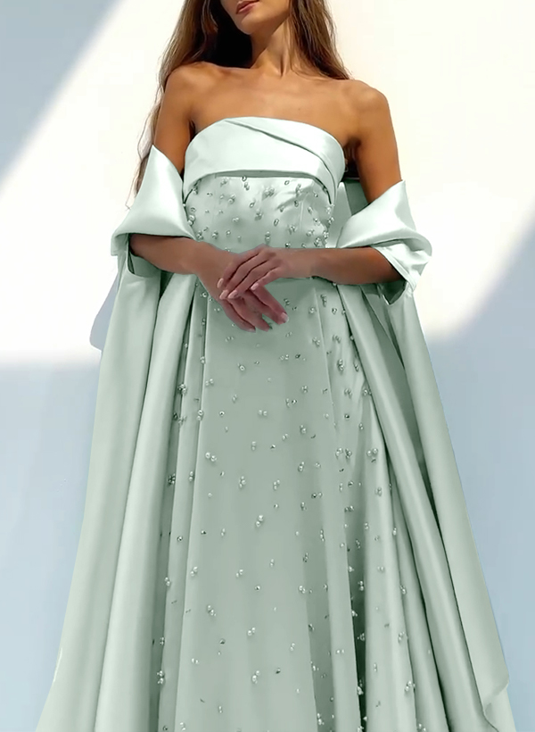 A-Line Strapless Sleeveless Floor-Length Satin Evening Dresses