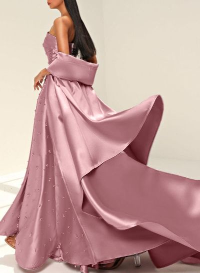 A-Line Strapless Sleeveless Floor-Length Satin Evening Dresses