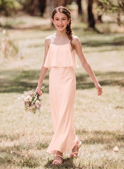 Sheath/Column Square Neckline Ankle-Length Stretch Satin Junior Bridesmaid Dresses