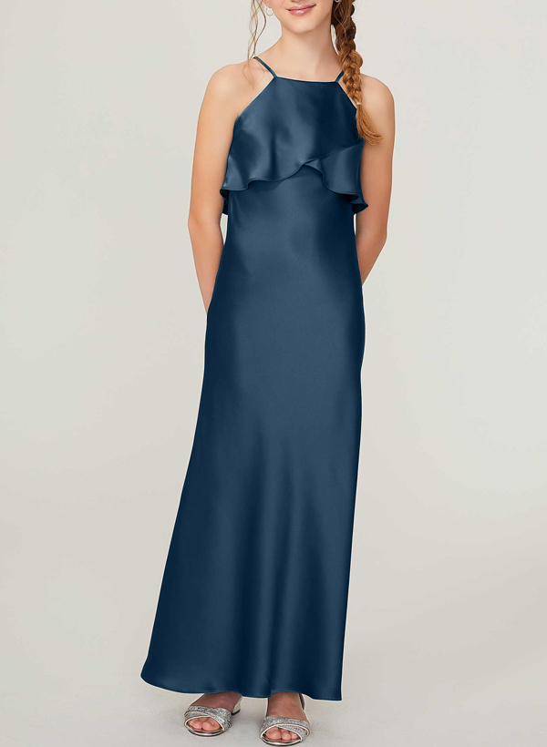 Sheath/Column Halter Ankle-Length Silk Like Satin Junior Bridesmaid Dresses