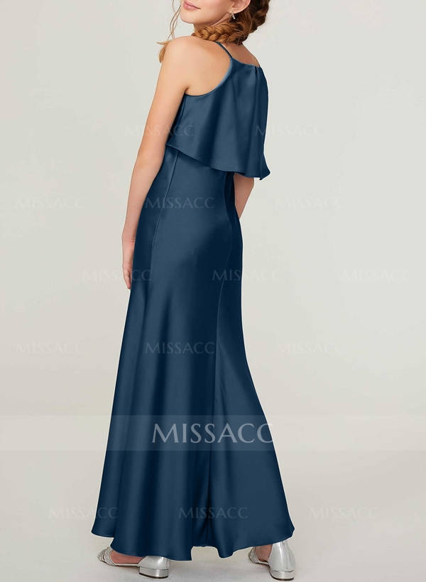 Sheath/Column Halter Ankle-Length Silk Like Satin Junior Bridesmaid Dresses