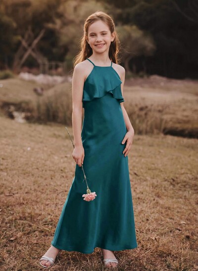 Sheath/Column Halter Ankle-Length Silk Like Satin Junior Bridesmaid Dresses