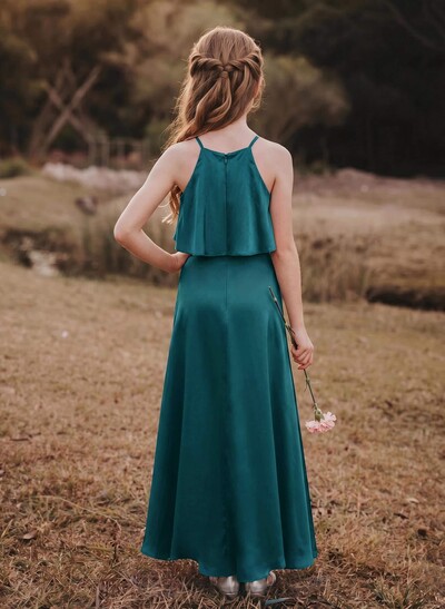 Sheath/Column Halter Ankle-Length Silk Like Satin Junior Bridesmaid Dresses