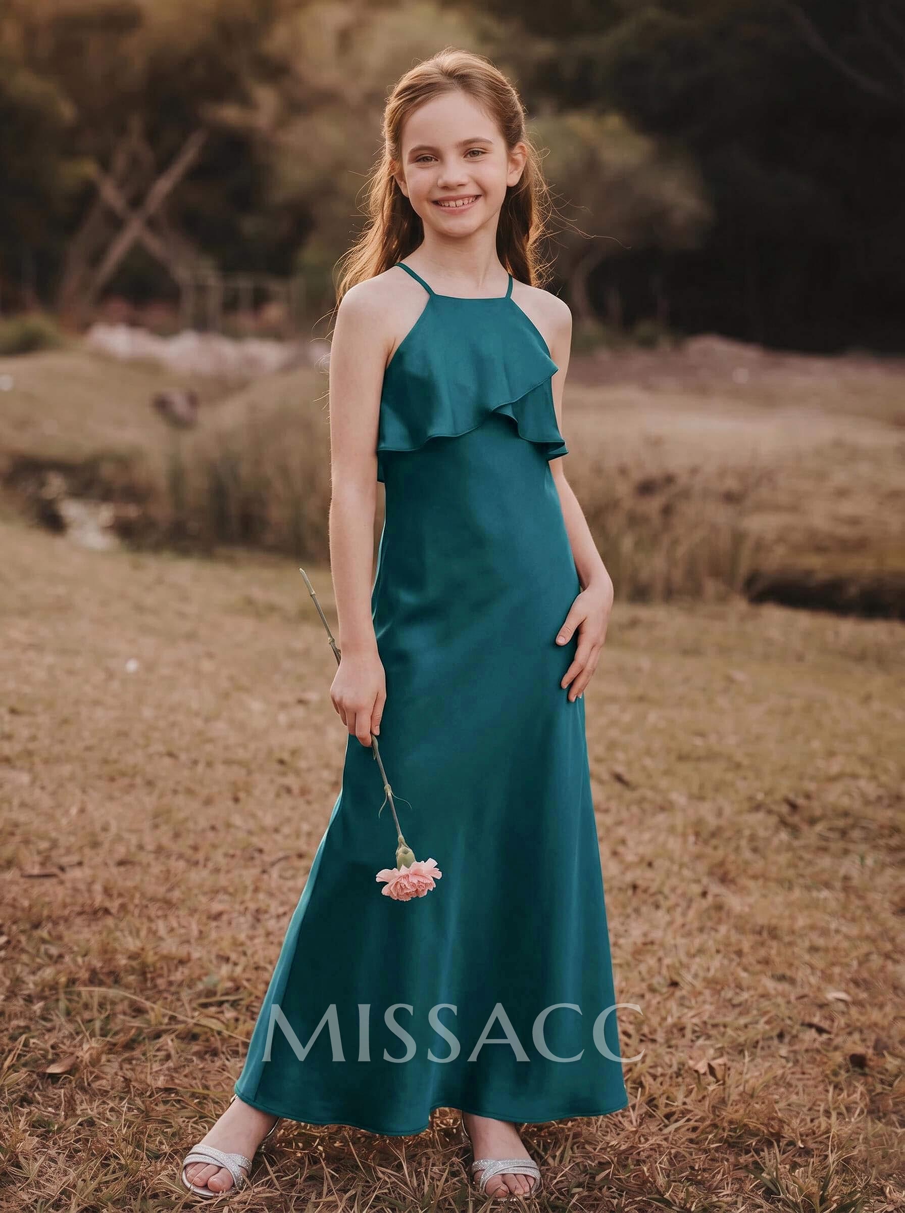 Sheath/Column Halter Ankle-Length Silk Like Satin Junior Bridesmaid Dresses Sheath/Column Halter Ankle-Length Silk Like Satin Junior Bridesmaid Dresses
