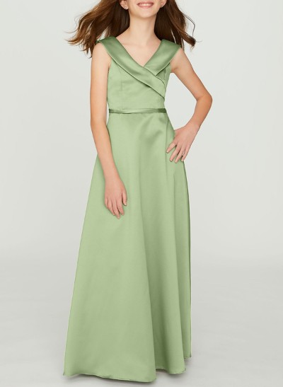 Sheath/Column V-Neck Sleeveless Floor-Length Satin Junior Bridesmaid Dresses