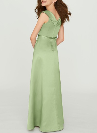 Sheath/Column V-Neck Sleeveless Floor-Length Satin Junior Bridesmaid Dresses