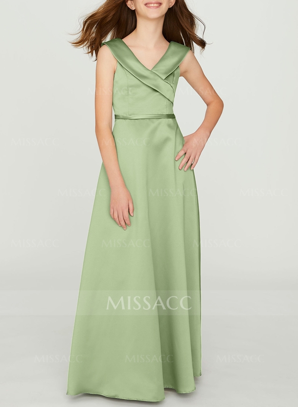 Sheath/Column V-Neck Sleeveless Floor-Length Satin Junior Bridesmaid Dresses