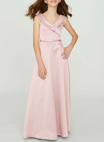 Sheath/Column V-Neck Sleeveless Floor-Length Satin Junior Bridesmaid Dresses