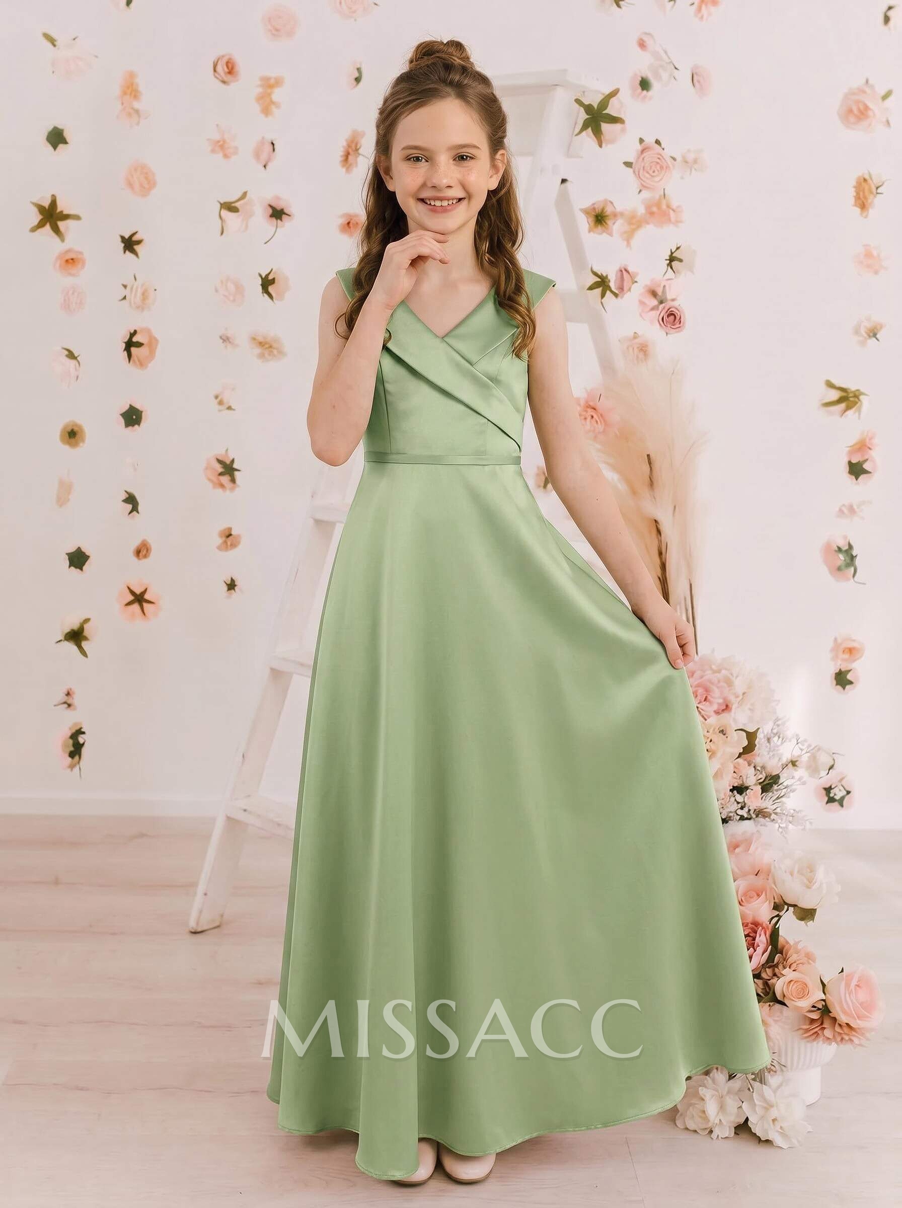 Sheath/Column V-Neck Sleeveless Floor-Length Satin Junior Bridesmaid Dresses