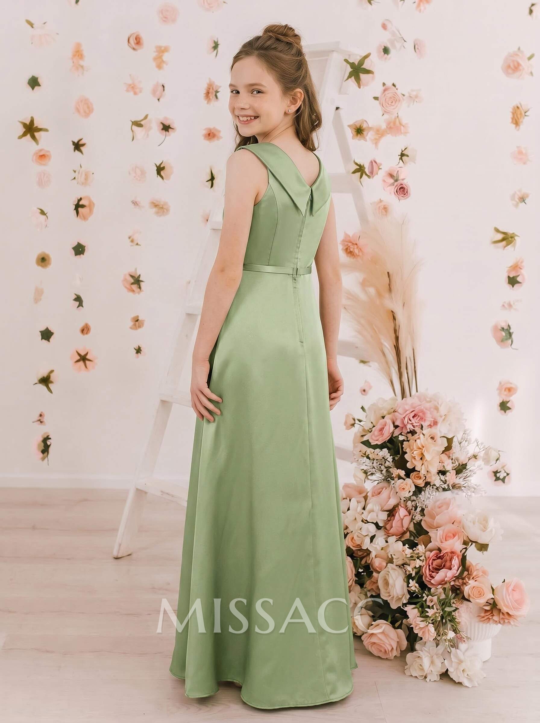 Sheath/Column V-Neck Sleeveless Floor-Length Satin Junior Bridesmaid Dresses