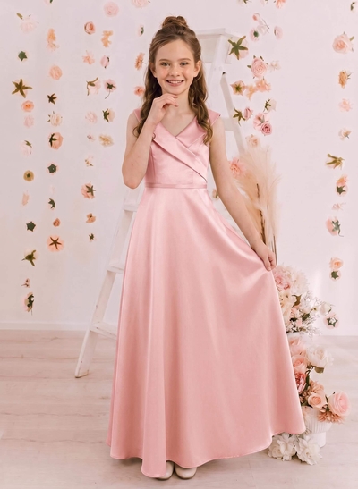 Sheath/Column V-Neck Sleeveless Floor-Length Satin Junior Bridesmaid Dresses