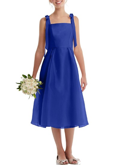 A-Line Square Neckline Sleeveless Tea-Length Satin/Organza Junior Bridesmaid Dresses