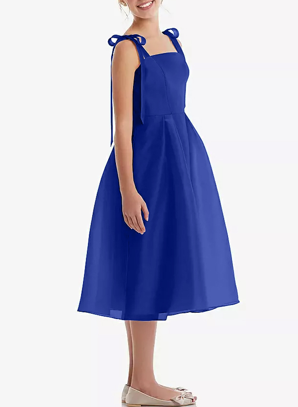 A-Line Square Neckline Sleeveless Tea-Length Satin/Organza Junior Bridesmaid Dresses