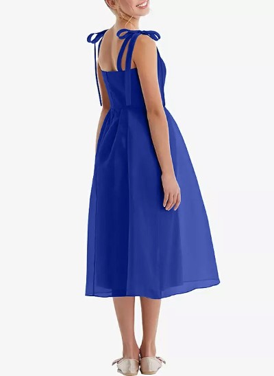 A-Line Square Neckline Sleeveless Tea-Length Satin/Organza Junior Bridesmaid Dresses