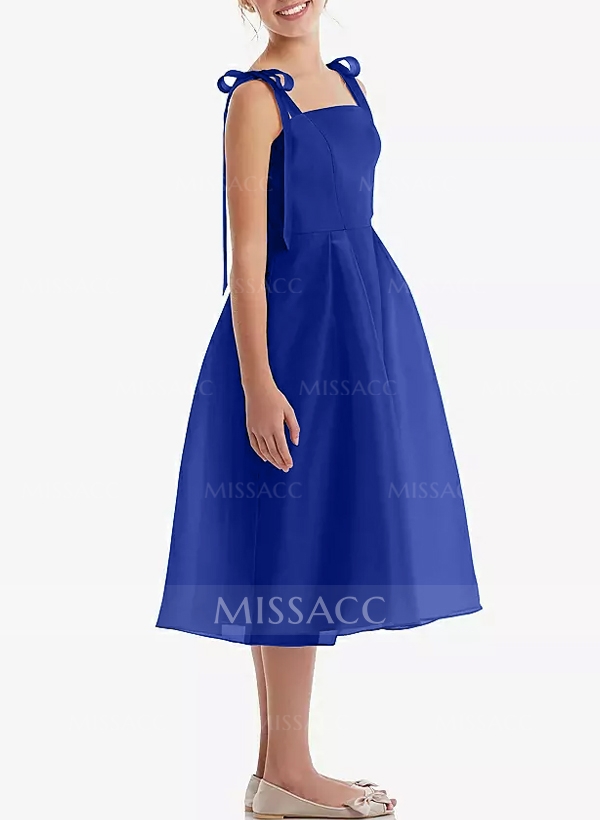 A-Line Square Neckline Sleeveless Tea-Length Satin/Organza Junior Bridesmaid Dresses