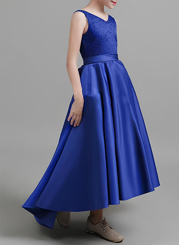 A-Line V-Neck Sleeveless Asymmetrical Satin Junior Bridesmaid Dresses With Lace