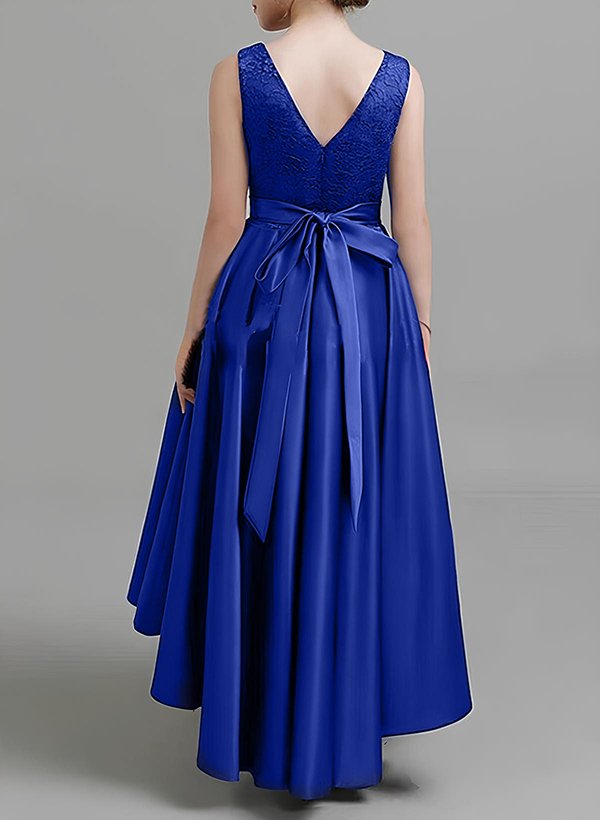 A-Line V-Neck Sleeveless Asymmetrical Satin Junior Bridesmaid Dresses With Lace