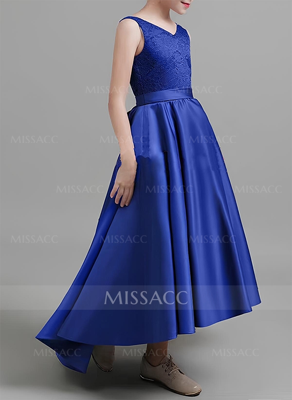 A-Line V-Neck Sleeveless Asymmetrical Satin Junior Bridesmaid Dresses With Lace