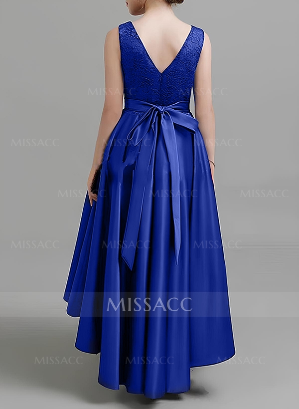 A-Line V-Neck Sleeveless Asymmetrical Satin Junior Bridesmaid Dresses With Lace