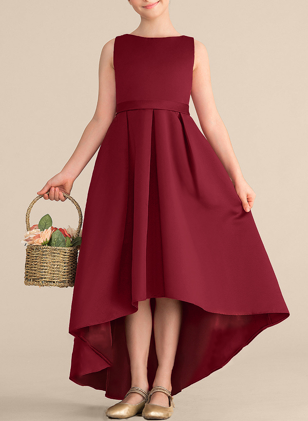 A-Line Scoop Neck Asymmetrical Satin Junior Bridesmaid Dresses With Pockets