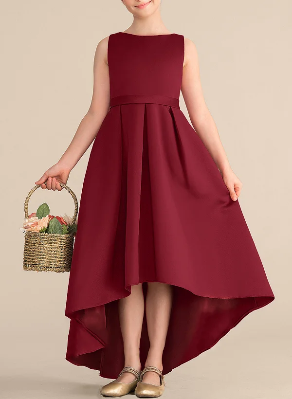 A-Line Scoop Neck Asymmetrical Satin Junior Bridesmaid Dresses $80
