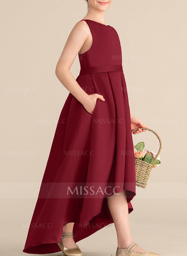 A-Line Scoop Neck Asymmetrical Satin Junior Bridesmaid Dresses With Pockets