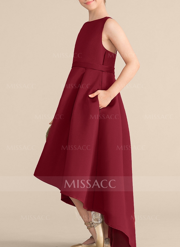 A-Line Scoop Neck Asymmetrical Satin Junior Bridesmaid Dresses With Pockets