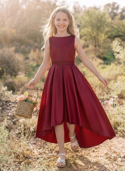 A-Line Scoop Neck Asymmetrical Satin Junior Bridesmaid Dresses With Pockets