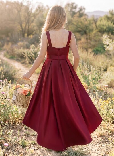 A-Line Scoop Neck Asymmetrical Satin Junior Bridesmaid Dresses With Pockets