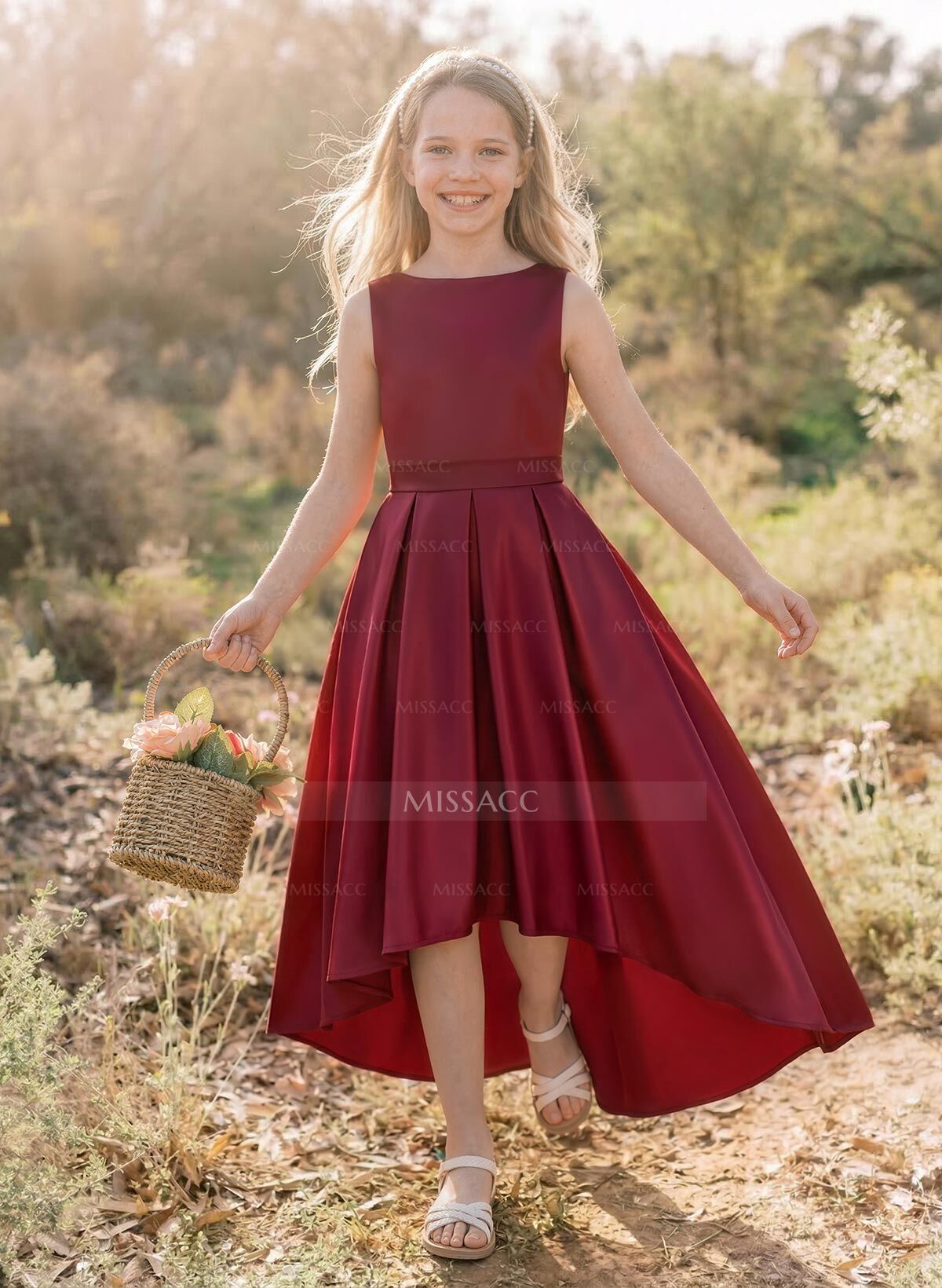 A-Line Scoop Neck Asymmetrical Satin Junior Bridesmaid Dresses With Pockets