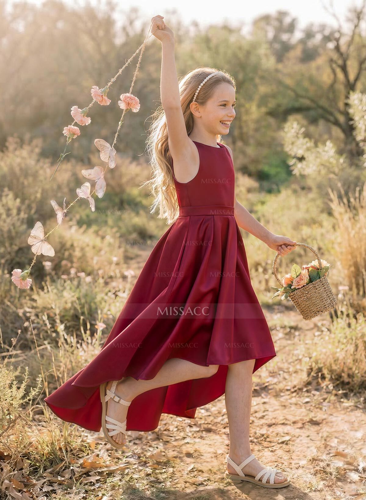 A-Line Scoop Neck Asymmetrical Satin Junior Bridesmaid Dresses With Pockets