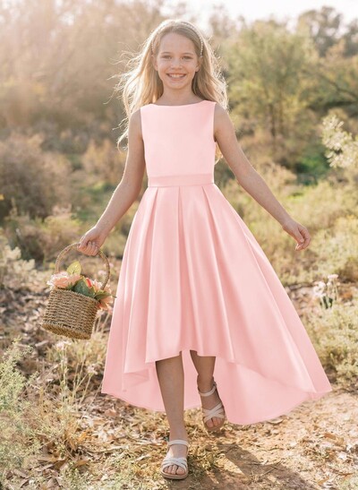 A-Line Scoop Neck Asymmetrical Satin Junior Bridesmaid Dresses With Pockets