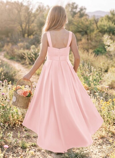 A-Line Scoop Neck Asymmetrical Satin Junior Bridesmaid Dresses With Pockets