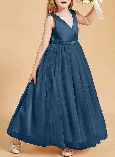 A-Line V-Neck Floor-Length Satin/Tulle Junior Bridesmaid Dresses With Bow(s)