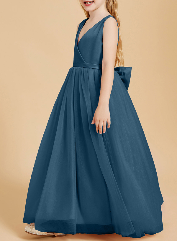 A-Line V-Neck Floor-Length Satin/Tulle Junior Bridesmaid Dresses With Bow(s)