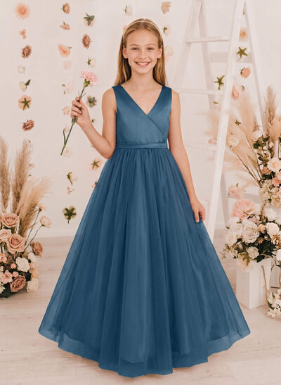 A-Line V-Neck Floor-Length Satin/Tulle Junior Bridesmaid Dresses With Bow(s)